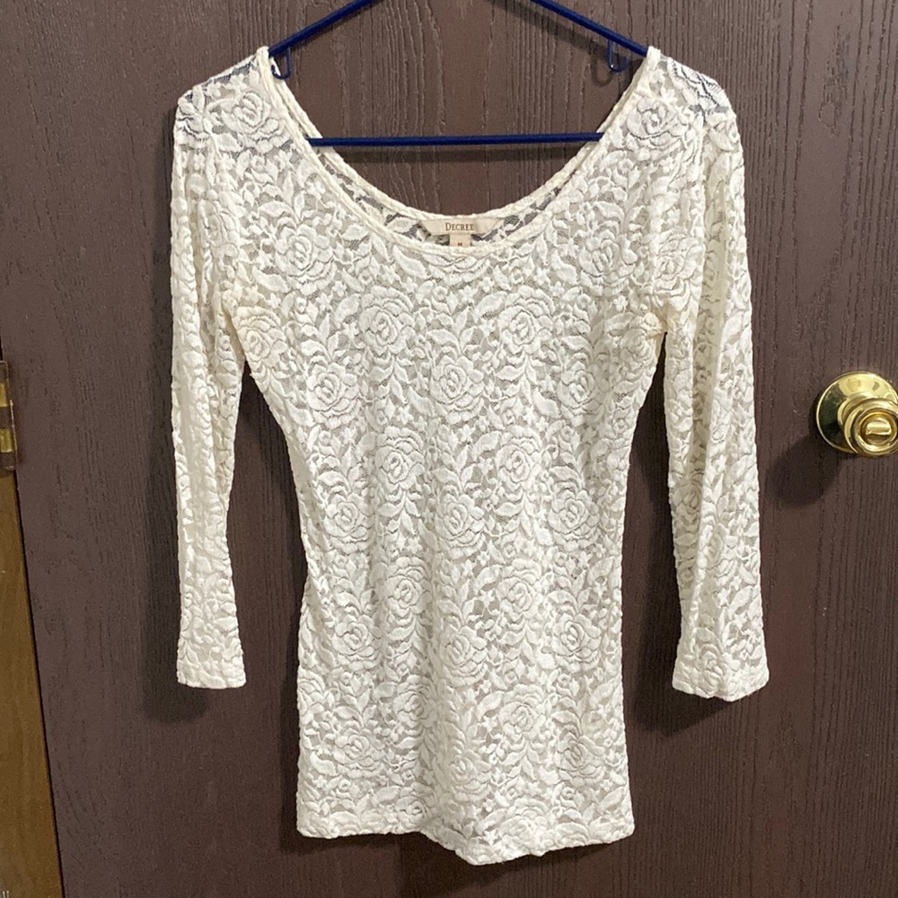 Decree Medium Off White Lace 3/4 Length Sleeve Top